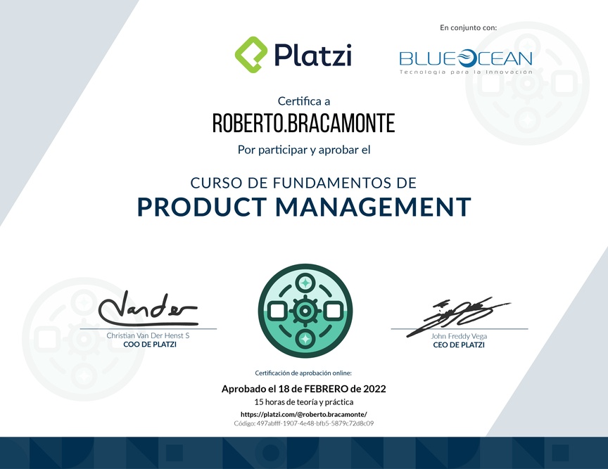 Diploma de Audiocurso de Fundamentos para Product Managers