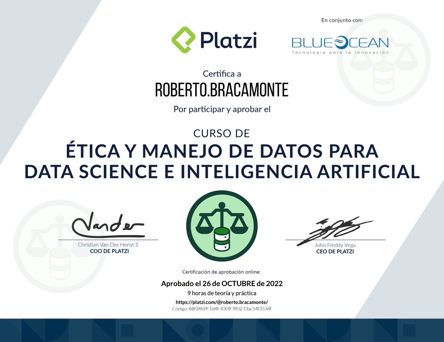 Diploma del Curso de Ética y Manejo de Datos para Data Science e Inteligencia Artificial