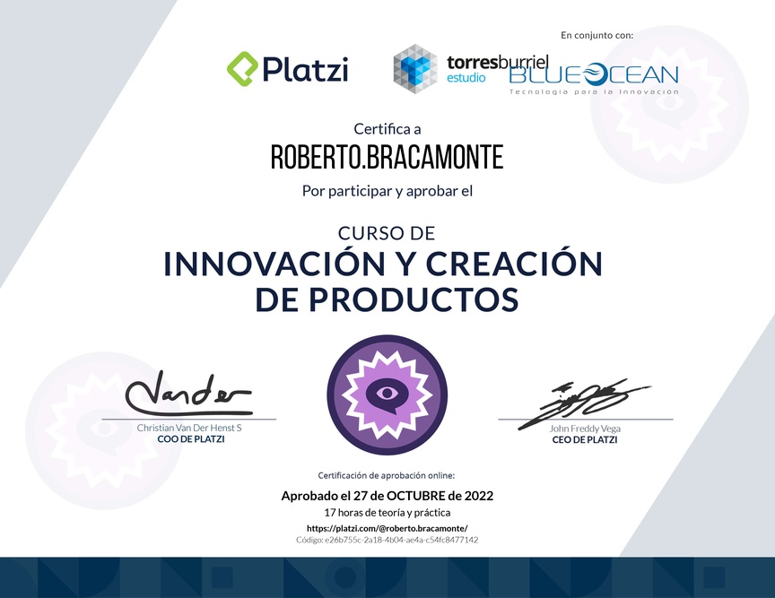 Diploma del Curso de Innovación y Creación de Productos