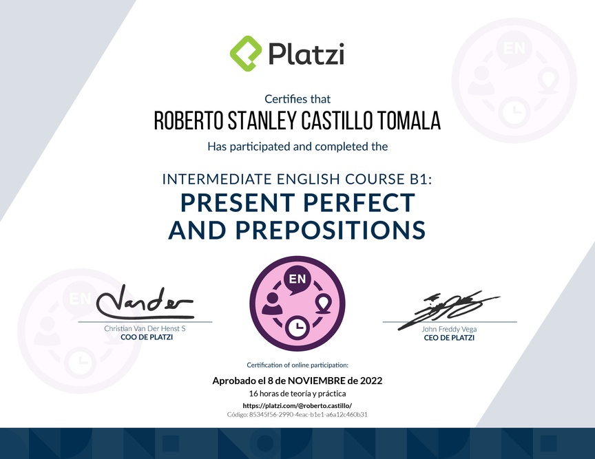 Diploma del Curso de Inglés Intermedio B1: Presente Perfecto y Preposiciones