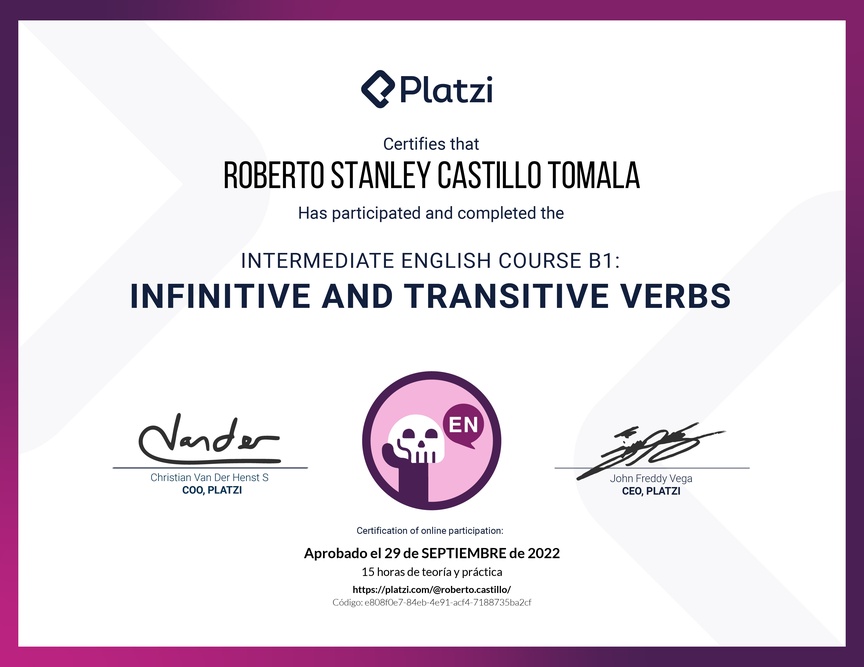 Diploma del Curso de Inglés Intermedio B1: Verbos Infinitivos y Transitivos (2021)