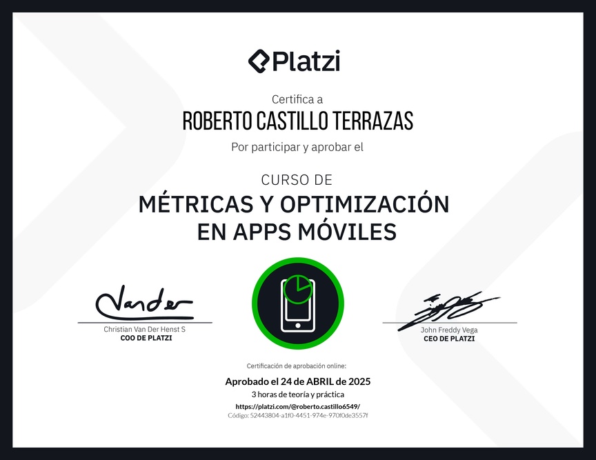Diploma del Curso de Métricas y Optimización en Apps Mobile