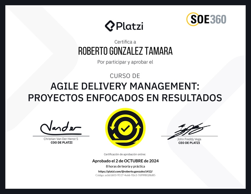 Diploma del Curso de Agile Delivery Management: Proyectos Enfocados en Resultados