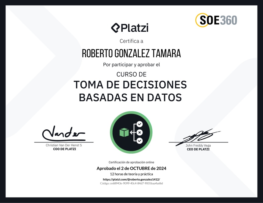 Diploma del Curso de Toma de Decisiones Basadas en Datos