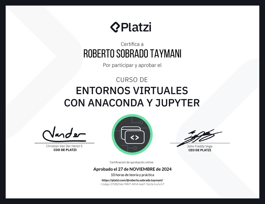 Diploma del Curso de Entornos Virtuales con Anaconda y Jupyter