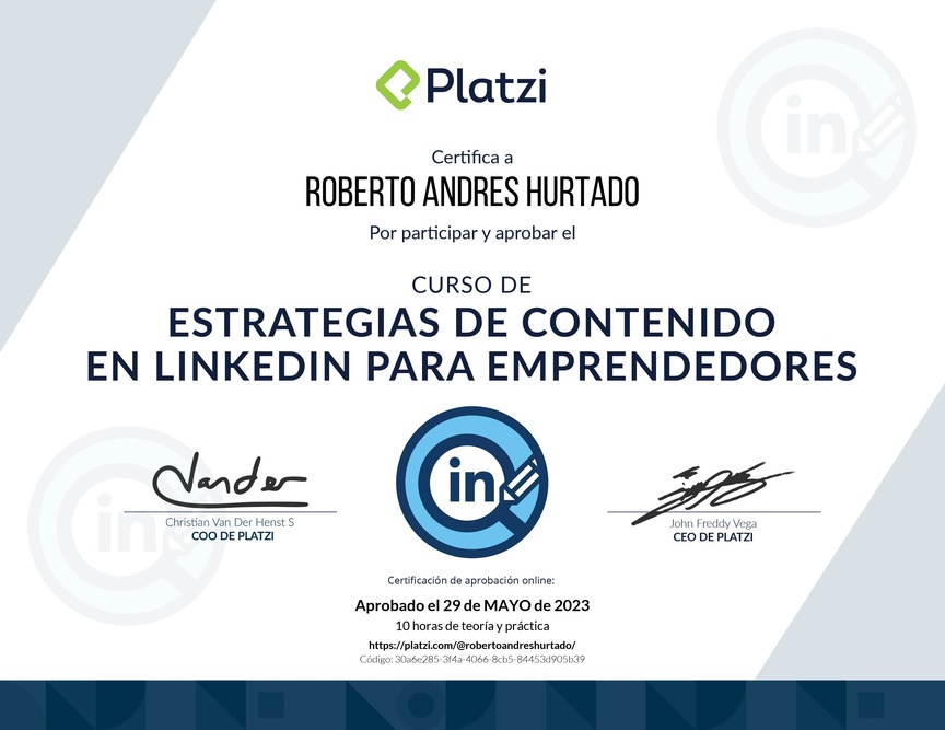 Diploma del Curso de Estrategia de Contenido en LinkedIn para Emprendedores