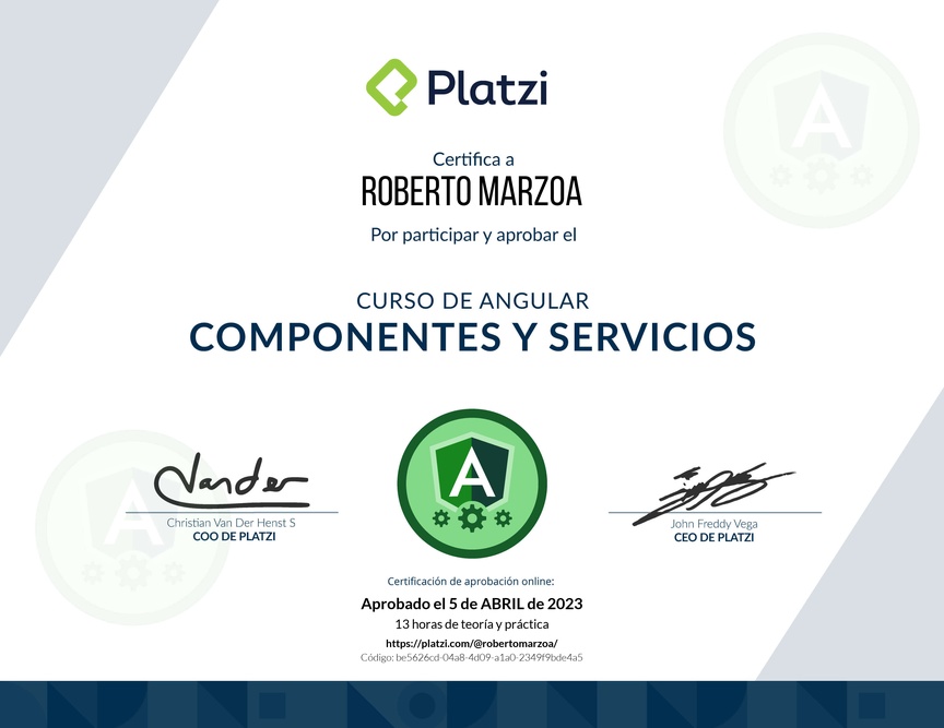 Diploma del Curso de Angular: Componentes y Servicios