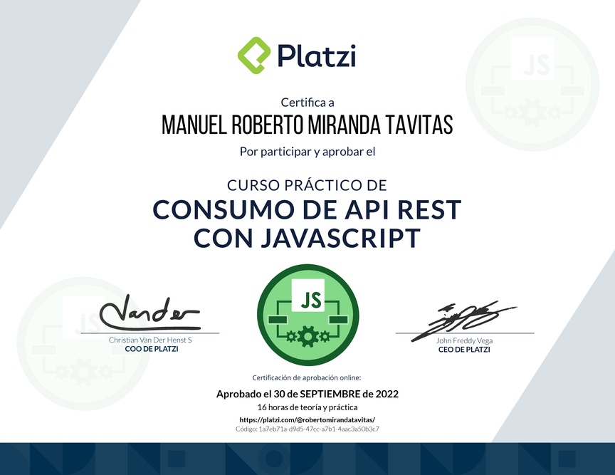 Diploma del Curso de API REST con Javascript: Ejemplos con APIs reales