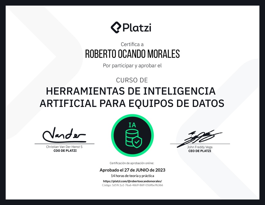 Diploma del Curso de Herramientas de Inteligencia Artificial para Equipos de Datos