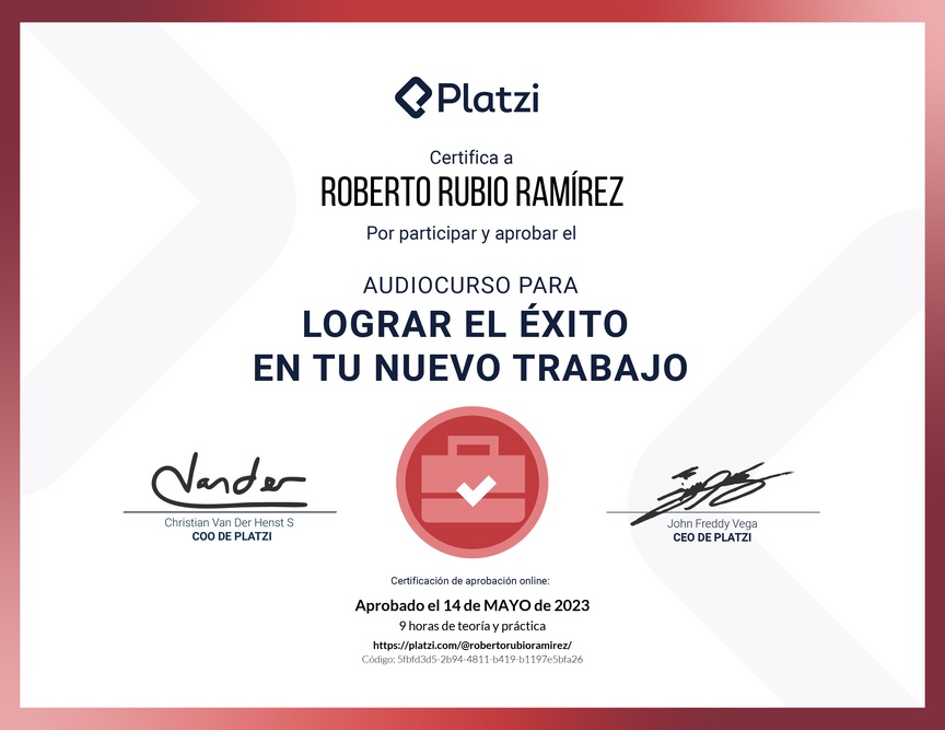 Diploma de Audiocurso para Lograr el Éxito en tu Nuevo Trabajo