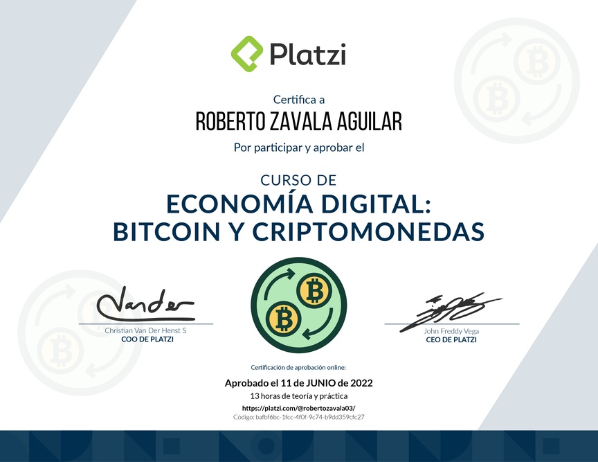 Diploma del Curso de Economía Digital: Bitcoin y Criptomonedas
