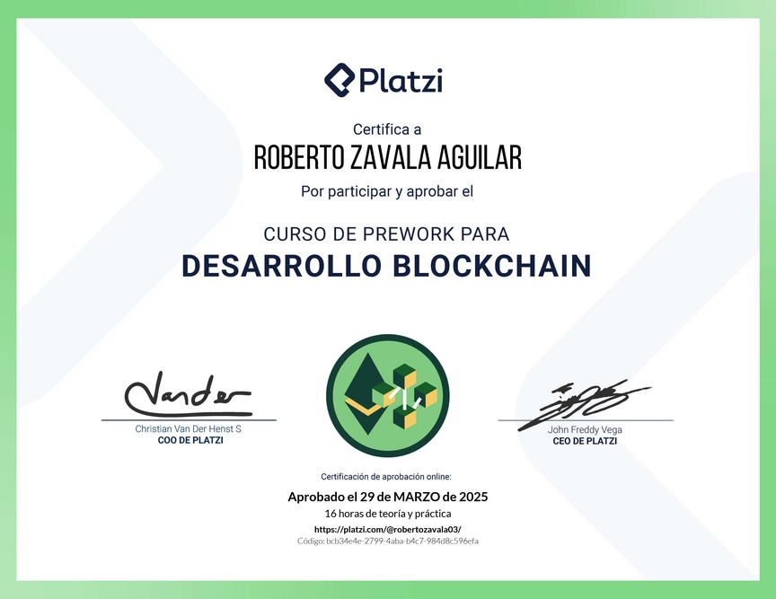 Diploma del Curso de Prework para Desarrollo de Aplicaciones Blockchain