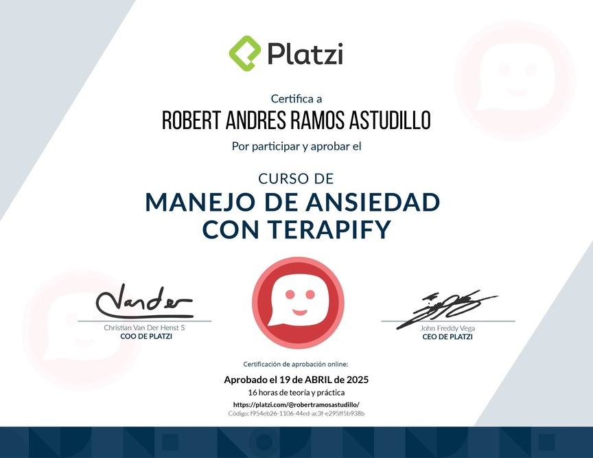 Diploma del Curso de Manejo de Ansiedad con Terapify