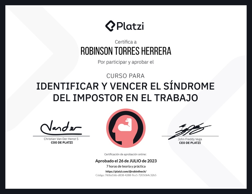 Diploma del Curso para Identificar y Vencer el Síndrome del Impostor