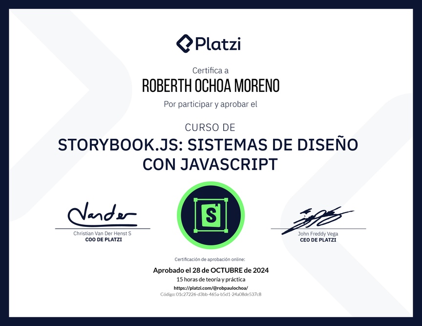 Diploma del Curso de Storybook: Sistemas de Diseño con JavaScript