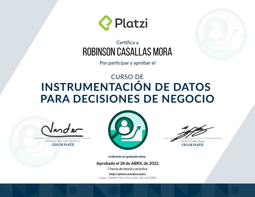 Diploma del Curso de Instrumentación de Datos para Decisiones de Negocio