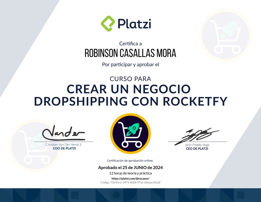 Diploma del Curso para Crear un Negocio Dropshipping con Rocketfy