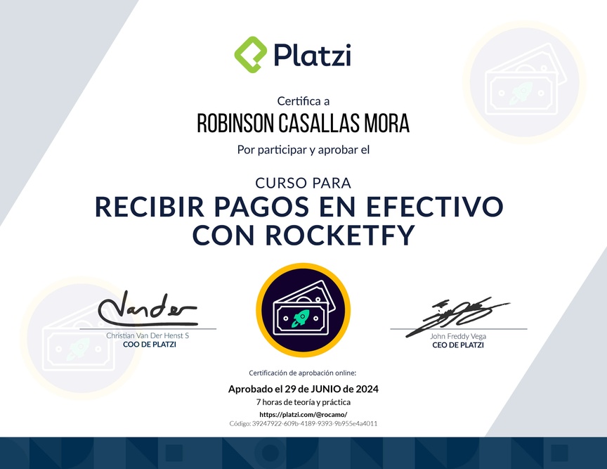 Diploma del Curso de Pagos en Efectivo para Ecommerce con Rocketfy