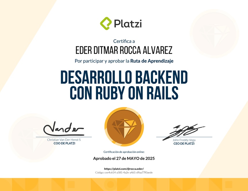 Diploma de la Ruta de Aprendizaje de Desarrollo Web Backend con Ruby on Rails