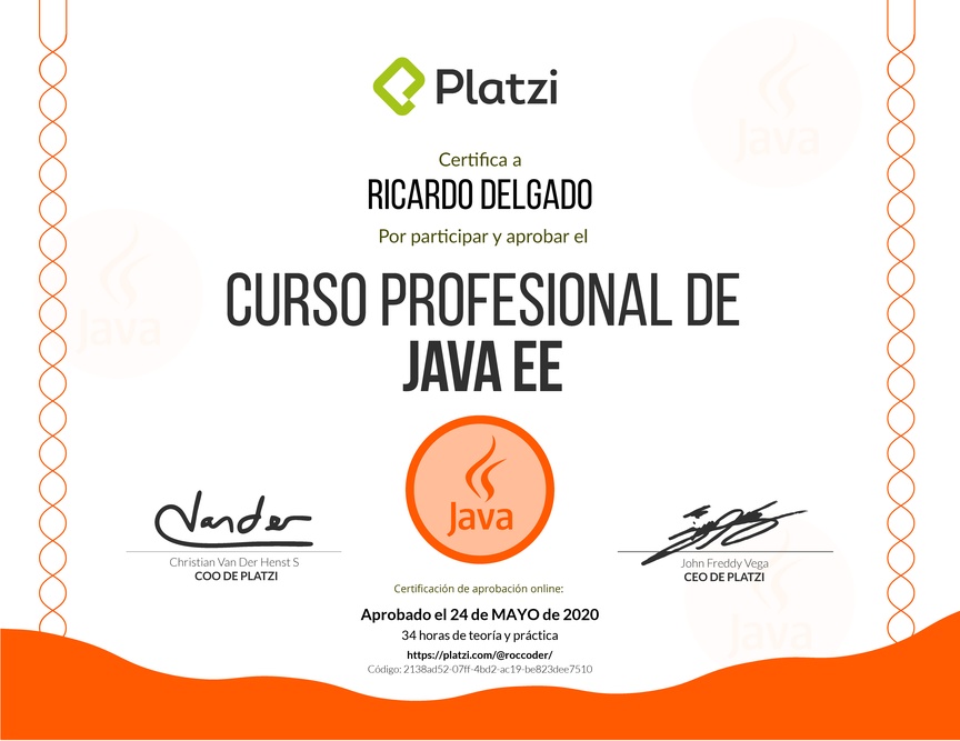 Diploma del Curso Profesional de Java EE 2017