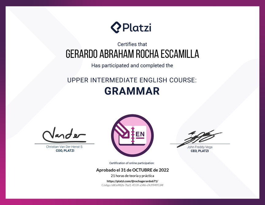 Diploma del Curso Intermedio Alto de Gramática en Inglés (2020)