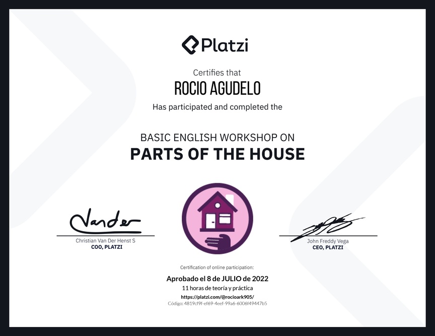 Diploma de Taller de Inglés Básico sobre las Partes de la Casa (2022)