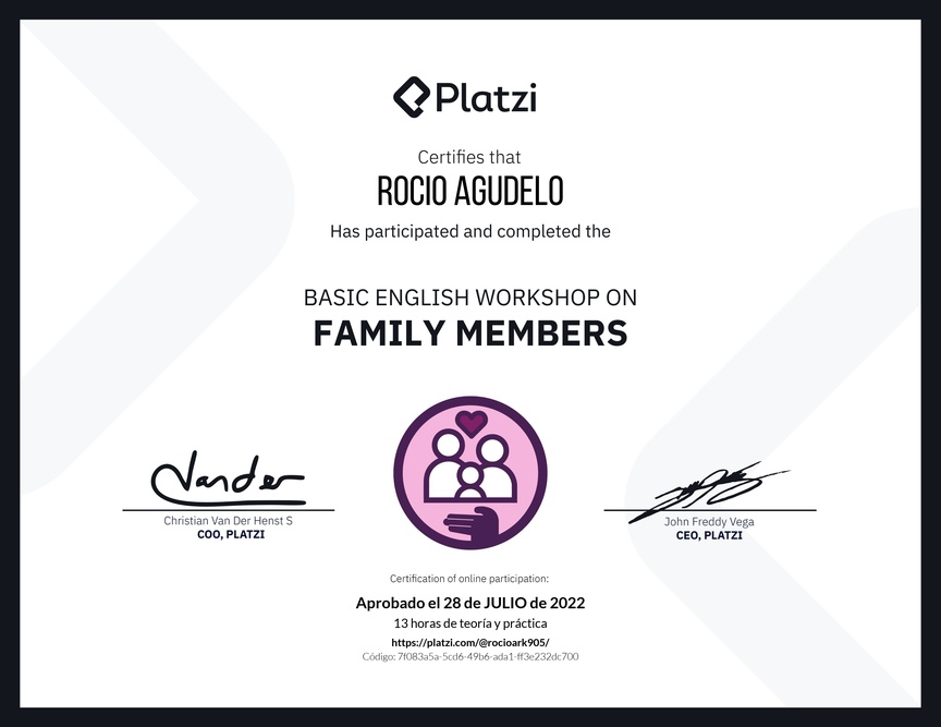 Diploma del Curso de Inglés Práctico sobre los Miembros de la Familia