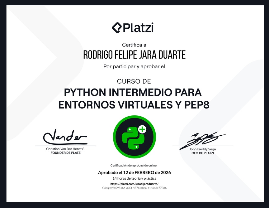 Diploma del Curso de Python Intermedio para Entornos virtuales y PEP8