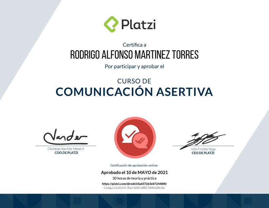 Diploma del Curso de Comunicación Asertiva para la Vida Personal y Profesional (2021)