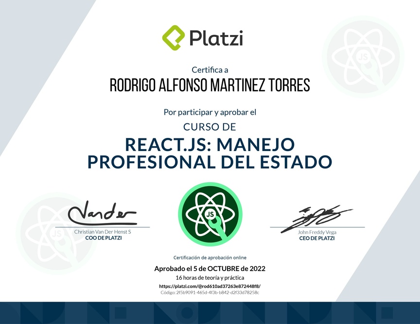 Diploma del Curso de React.js: Manejo Profesional del Estado