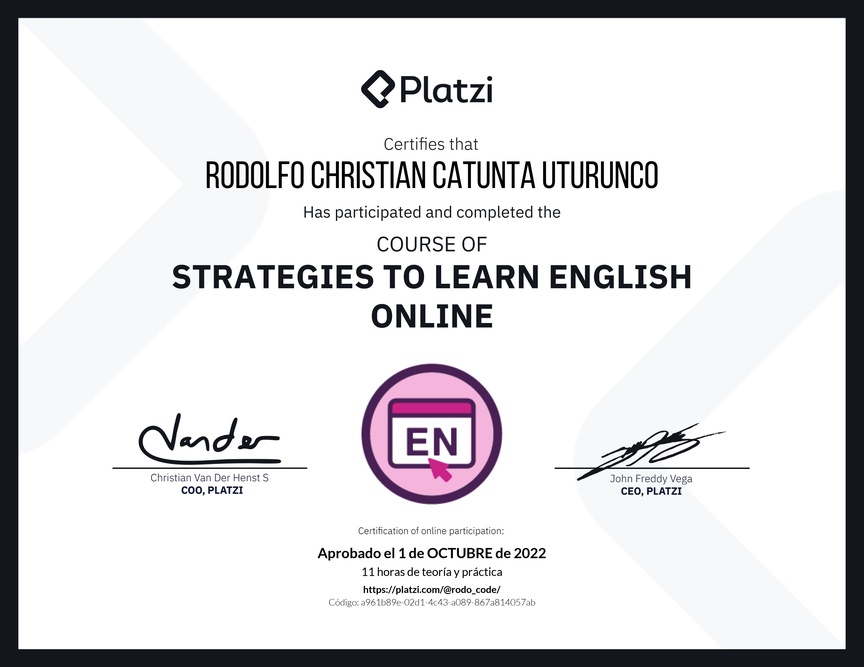 Diploma del Curso Gratis de Estrategias para Aprender Inglés en Línea