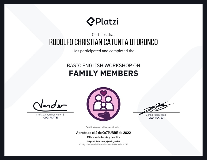 Diploma del Curso de Inglés Práctico sobre los Miembros de la Familia