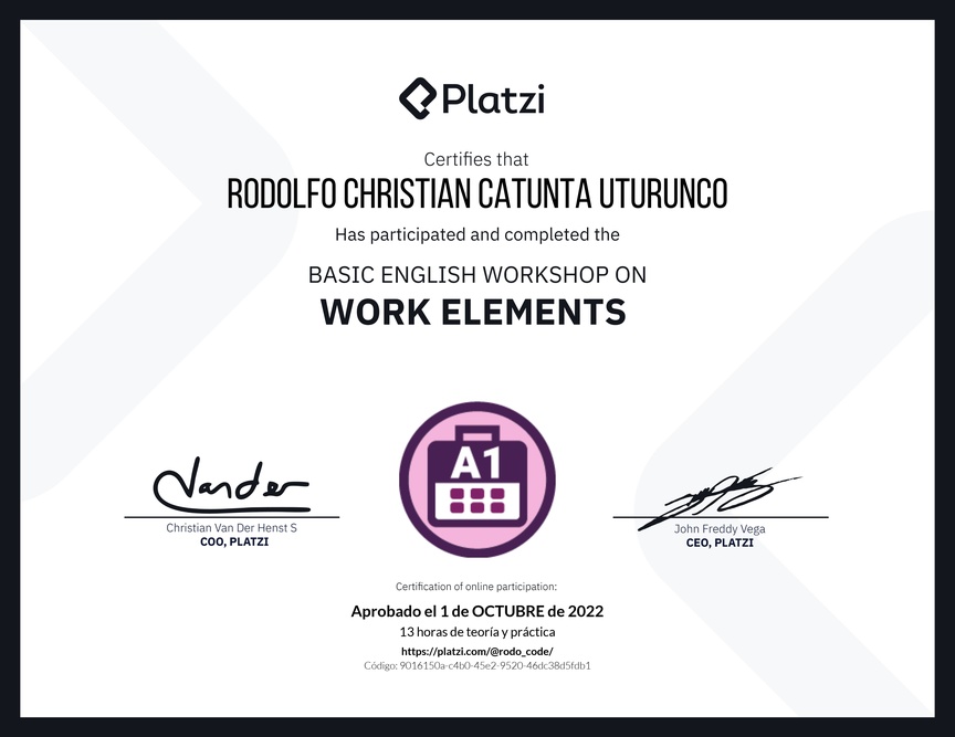Diploma del Curso de Inglés Práctico sobre Elementos de Trabajo