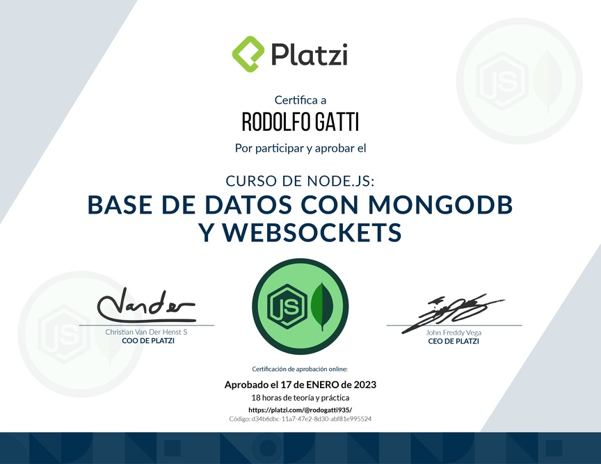 Diploma del Curso de Node.js: Base de Datos con MongoDB y WebSockets