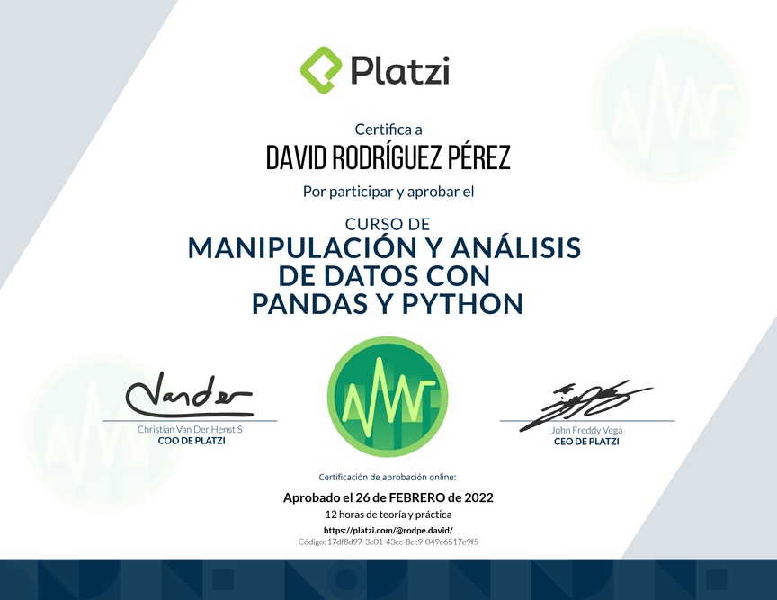 Diploma del Curso de Manipulación y Análisis de Datos con Pandas y Python