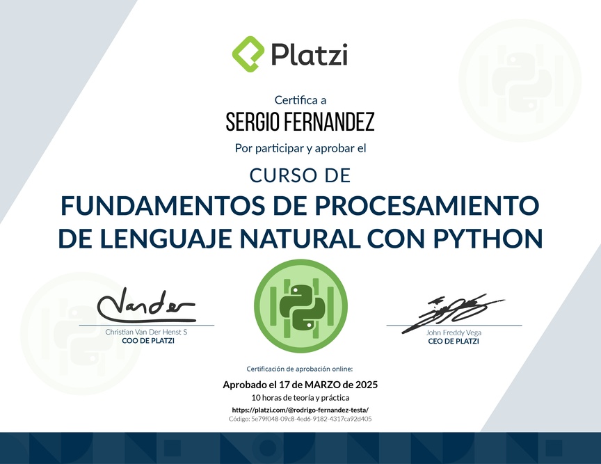 Diploma del Curso de Fundamentos de Procesamiento de Lenguaje Natural con Python y NLTK