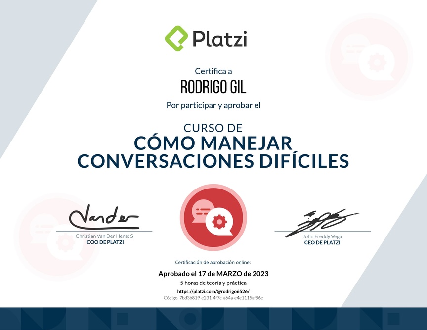 Diploma del Curso de Cómo Manejar Conversaciones Difíciles con Clientes