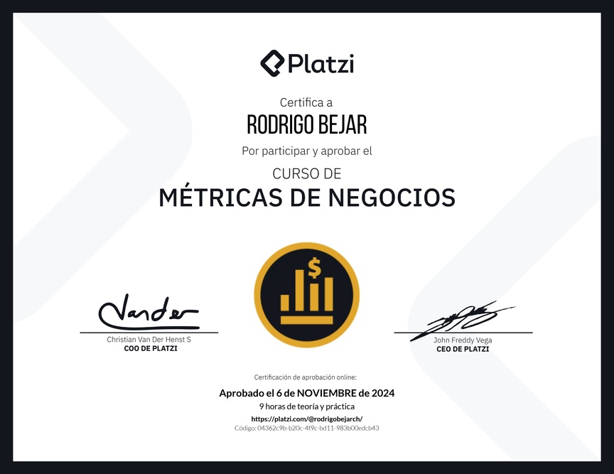 Diploma del Curso de Métricas Esenciales de Negocio