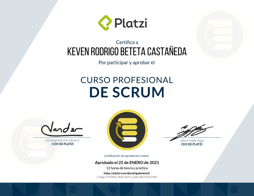 Diploma del Curso Profesional de Scrum