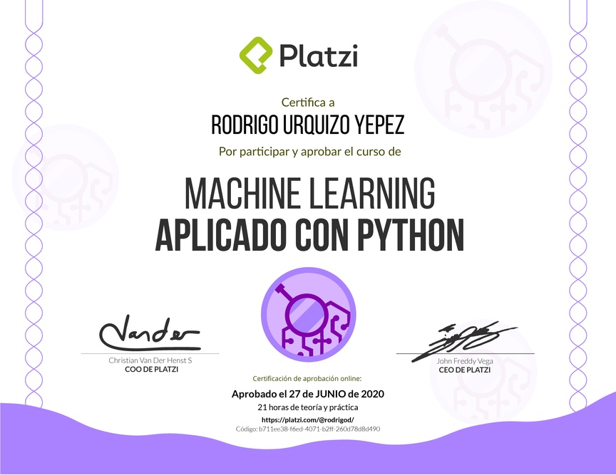 Diploma del Curso de Machine Learning Aplicado con Python