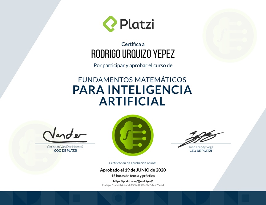 Diploma del Curso de Fundamentos Matemáticos para Inteligencia Artificial 2019
