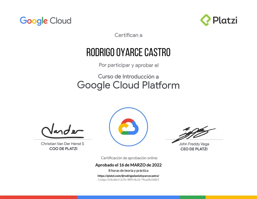 Diploma del Curso de Introducción a Google Cloud Platform