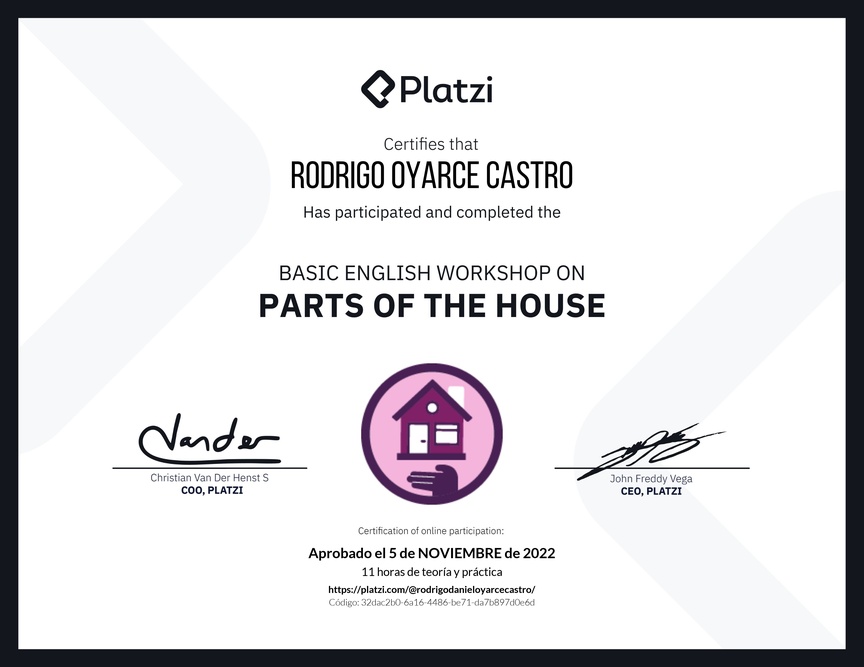Diploma de Taller de Inglés Básico sobre las Partes de la Casa (2022)
