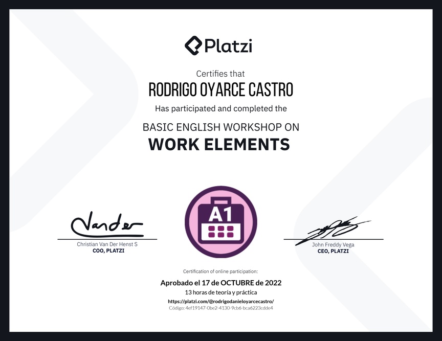 Diploma del Curso de Inglés Práctico sobre Elementos de Trabajo