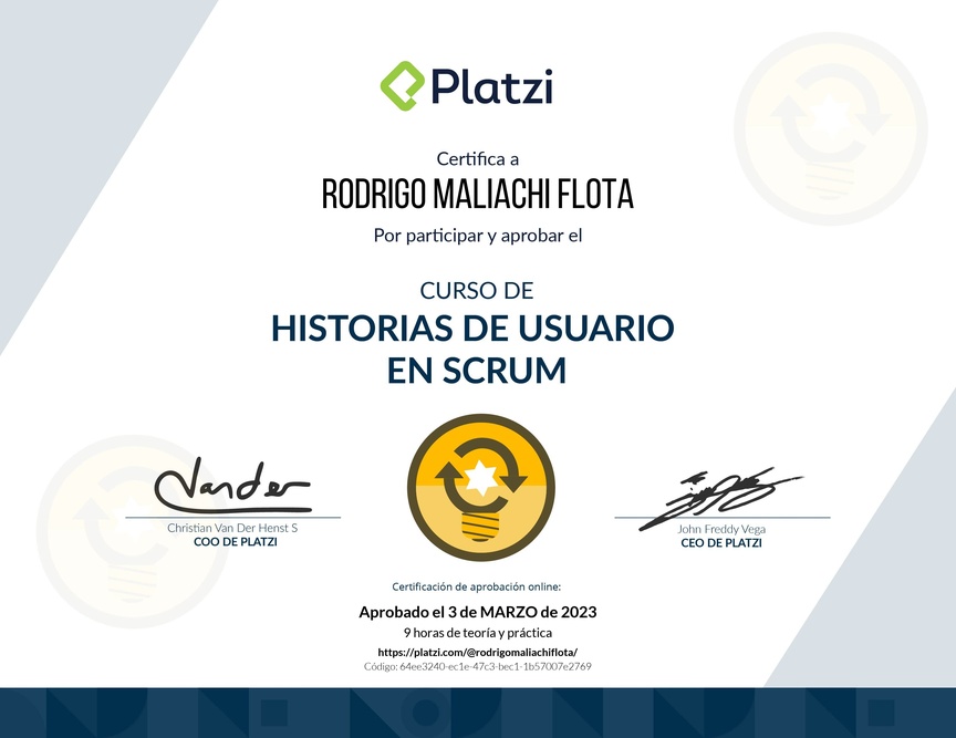 Diploma del Curso de Historias de Usuario en Scrum