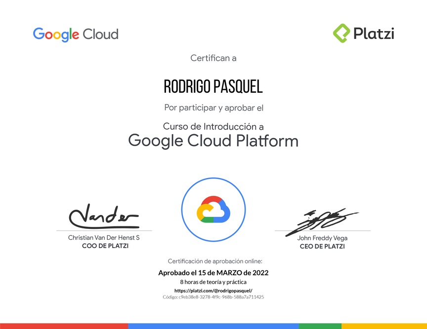 Diploma del Curso de Introducción a Google Cloud Platform