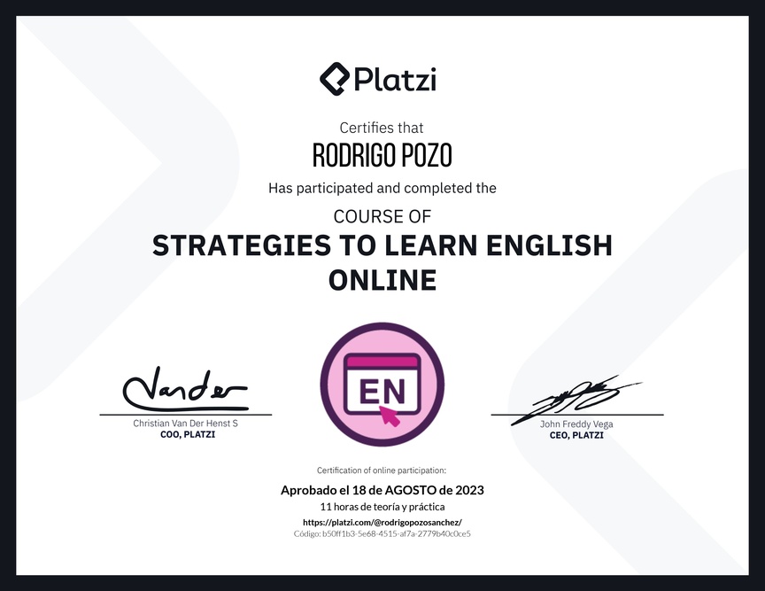 Diploma del Curso Gratis de Estrategias para Aprender Inglés en Línea