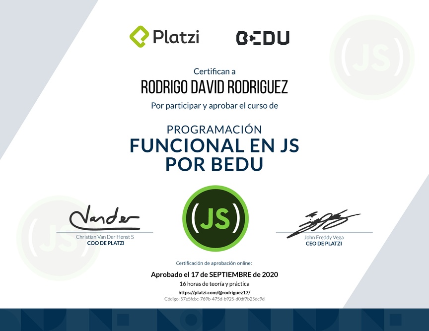 Diploma del Curso de Programación Funcional en JavaScript por Bedu