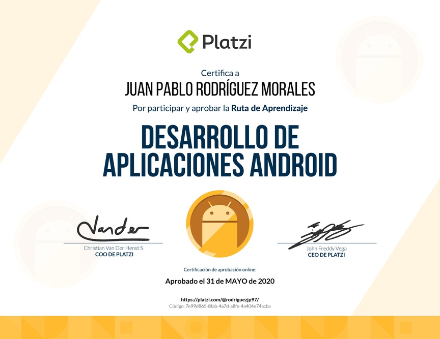 Diploma de la Ruta de Aprendizaje de Desarrollo de Aplicaciones Android