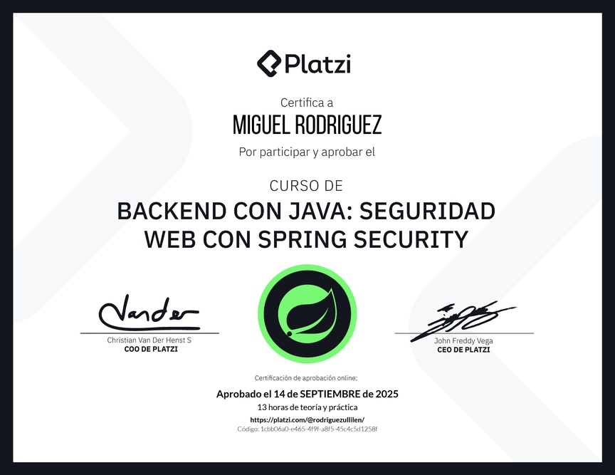 Diploma del Curso de Java Spring Security: Autenticación y Seguridad Web